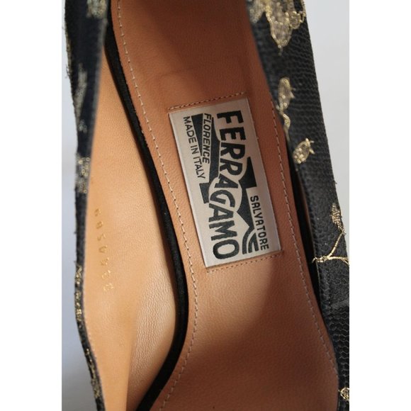 Salvatore Ferragamo Teodora Peep Toe Satin Lace Pumps Size 9.5 Black Gold - Picture 9 of 12